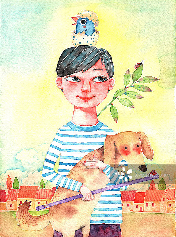 唯美水彩手绘插画-抱着狗的男孩图片素材