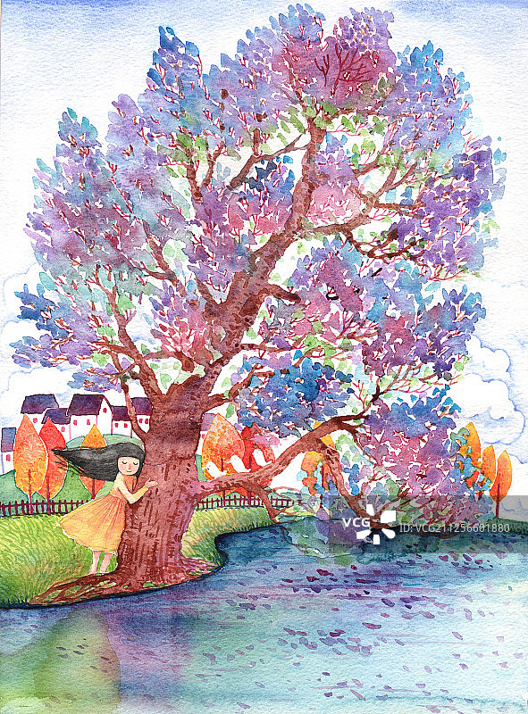 唯美水彩手绘插画-抱着梧桐树的小女孩图片素材