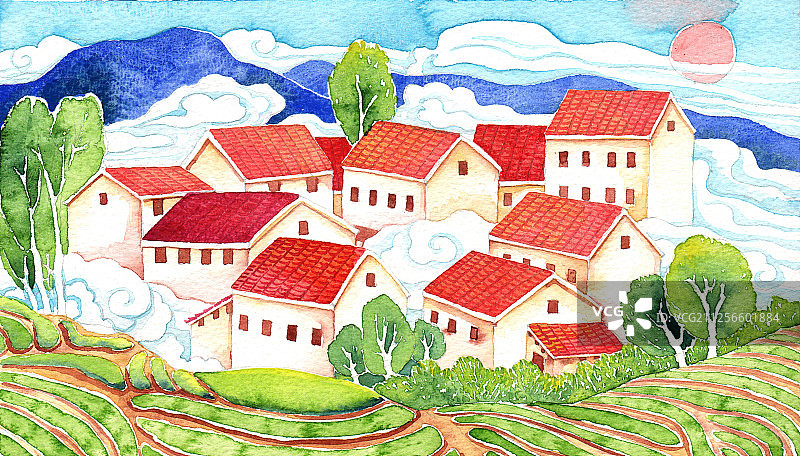 唯美水彩手绘插画-山坳里的房子图片素材