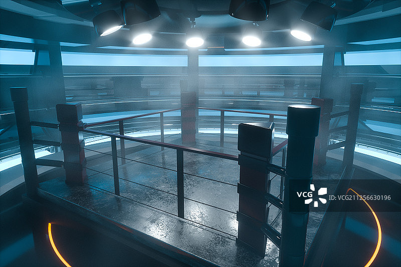 黑暗房间内的竞赛擂台与灯光 三维渲染图片素材