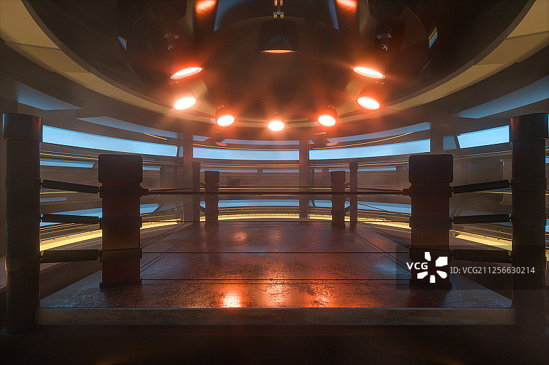 黑暗房间内的竞赛擂台与灯光 三维渲染图片素材
