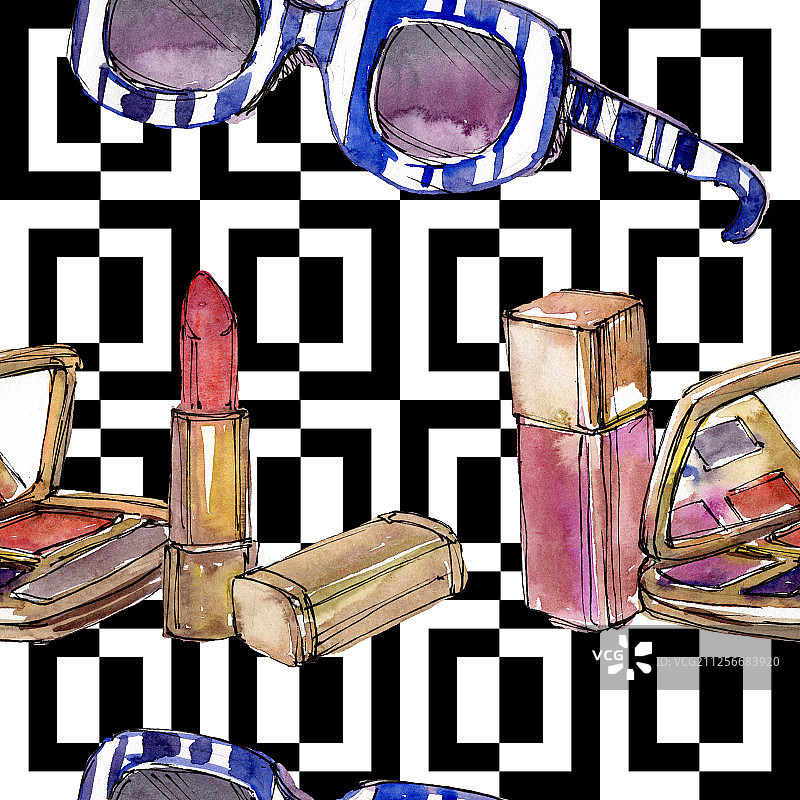 时尚素描在水彩风格孤立元素。水彩画插图集。无缝的背景图案。图片素材