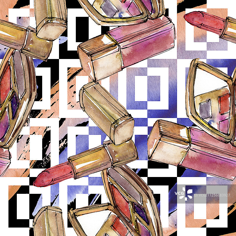 时尚素描在水彩风格孤立元素。水彩画插图集。无缝的背景图案。图片素材