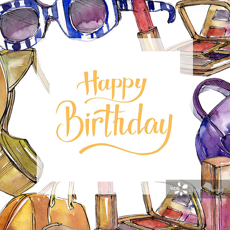 时尚的素描在水彩风格的元素。水彩背景插图集。边框装饰方形。图片素材