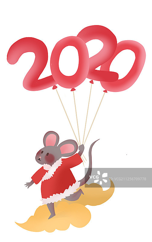 踩着祥云的灰色小老鼠，手里拉着2020年的气球图片素材