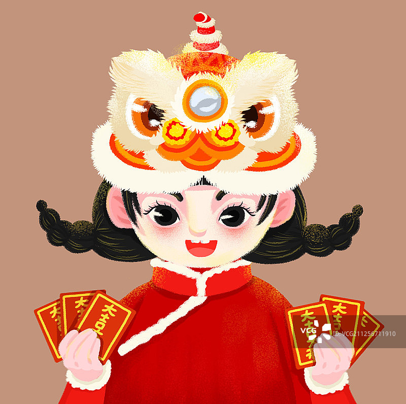 拿着红包的狮子头女孩插画图片素材