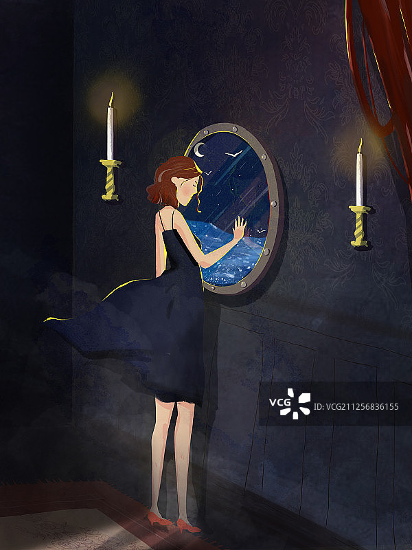 插画悬疑女人邮轮船舱大海手绘夜晚图片素材