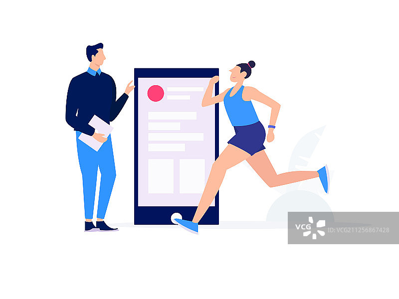 教练陪同学员测量跑步数据提高比赛水平，矢量扁平概念插画图片素材