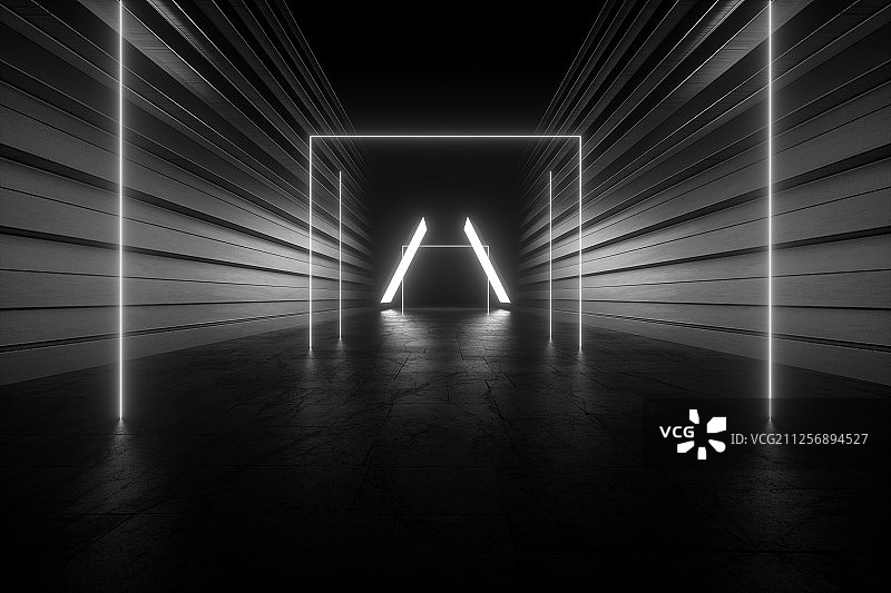 3D现代抽象霓虹灯下的空间背景图片素材