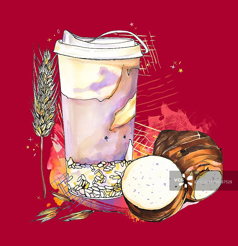 芋头燕麦奶茶与燕麦芋头组合 晕染红背景图片素材