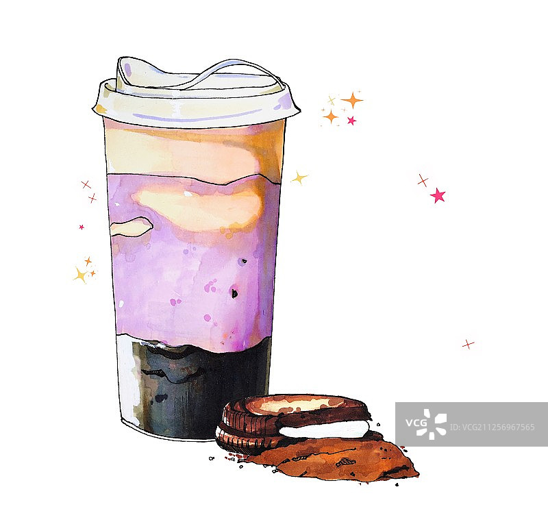 鲜芋奥利奥奶茶与一块饼干组合图片素材