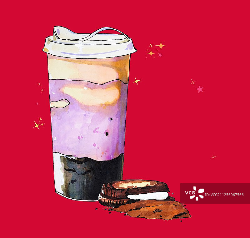 鲜芋奥利奥奶茶与一块饼干组合 红背景图片素材