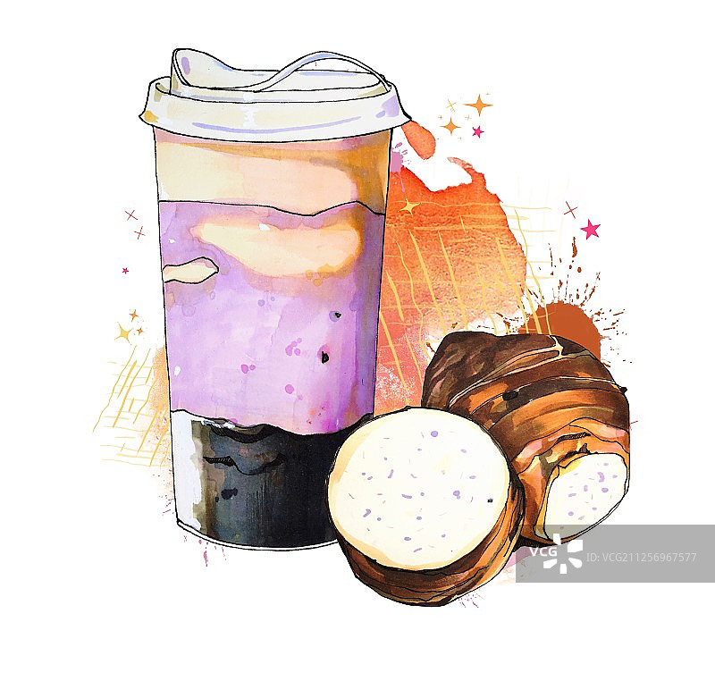 鲜芋奥利奥奶茶与芋头组合 晕染图片素材