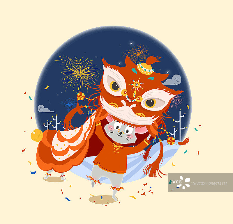 舞狮子的拟人老鼠插画系列图片素材