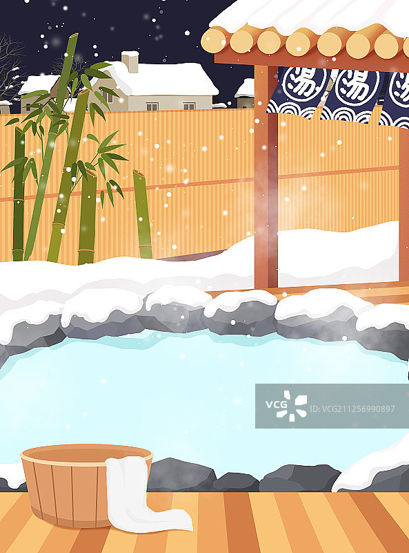 冬季日式露天温泉插画图片素材
