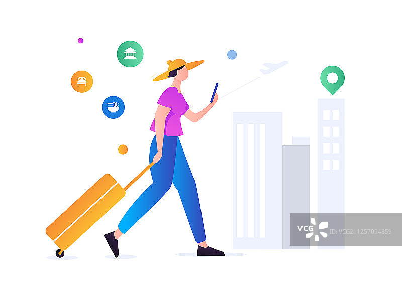 女子到新的城市，通过手机导航发现吃食住行，矢量扁平概念插画.图片素材