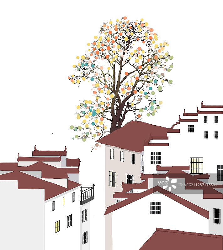 房子旁开满黄色圆点花瓣的树图片素材