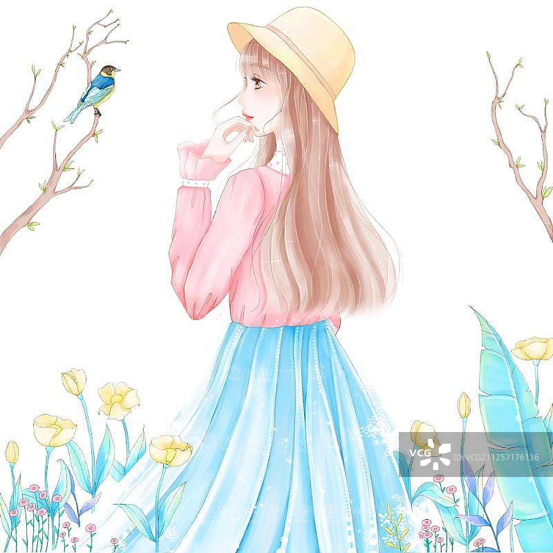 森林女孩与鸟图片素材