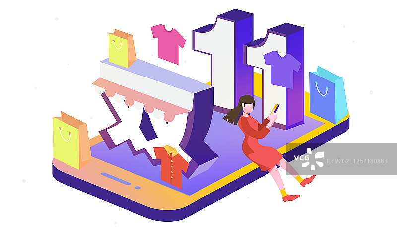 卡通手绘购物节双十一双十二购物2.5D插画图片素材