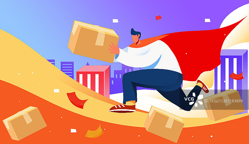 卡通手绘快递员超人派送送快递员插画图片素材