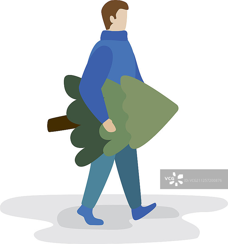 男子扛着一棵扁平风格的圣诞树图片素材