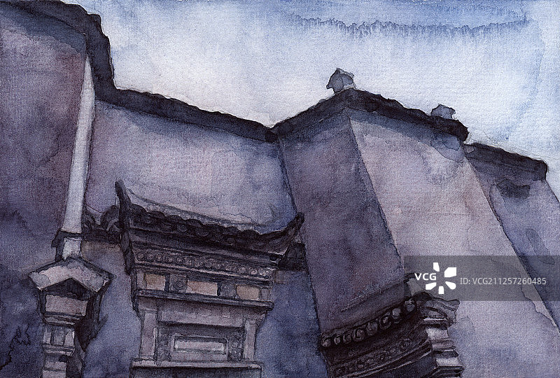 安徽宏村镇徽派建筑水彩画图片素材