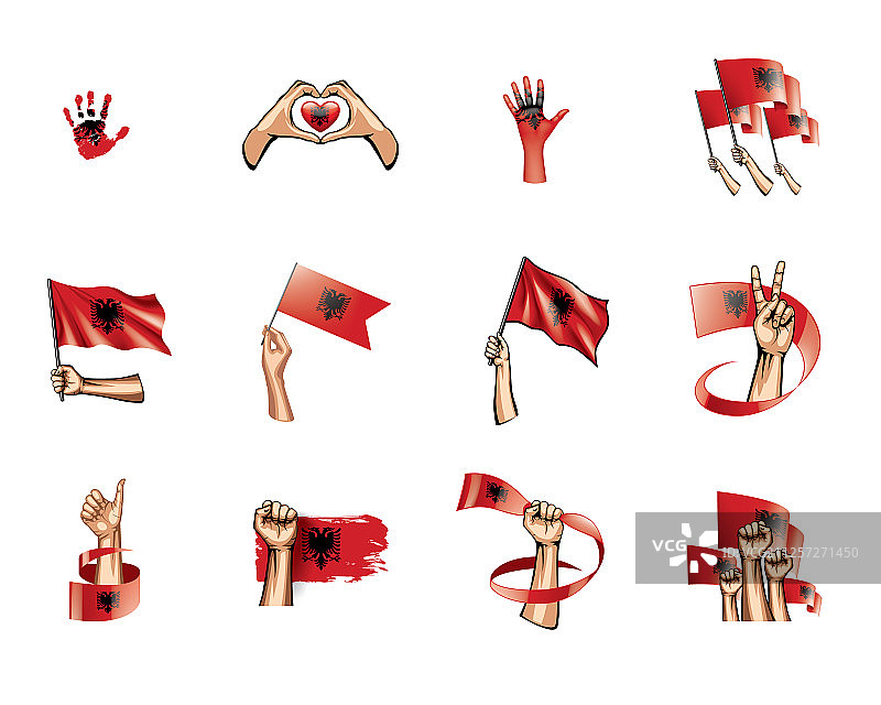 白色背景上的阿尔巴尼亚国旗和手图片素材