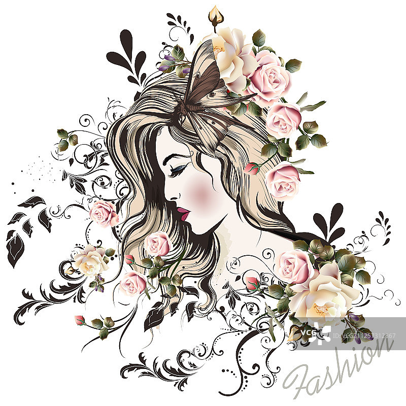 长发可爱女孩面部素描图片素材
