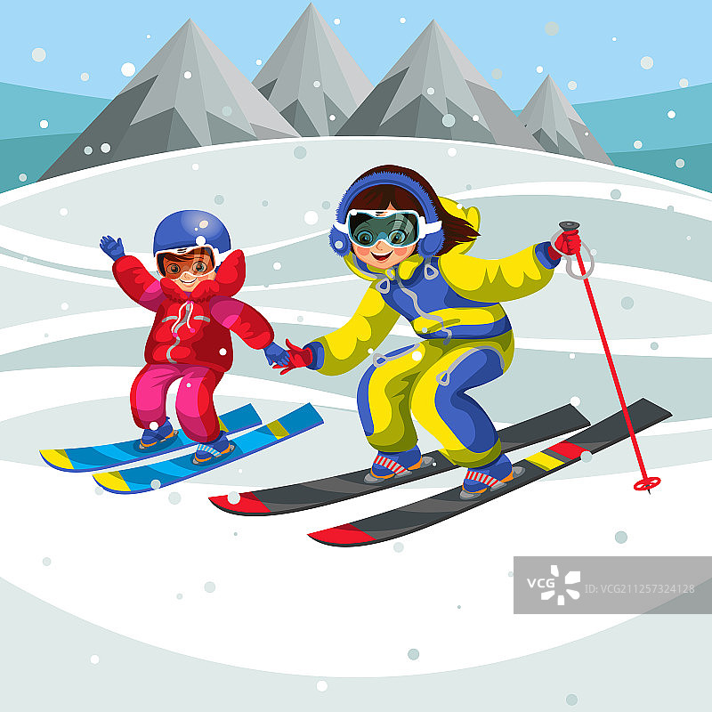 卡通儿童展示女孩如何快速滑雪图片素材