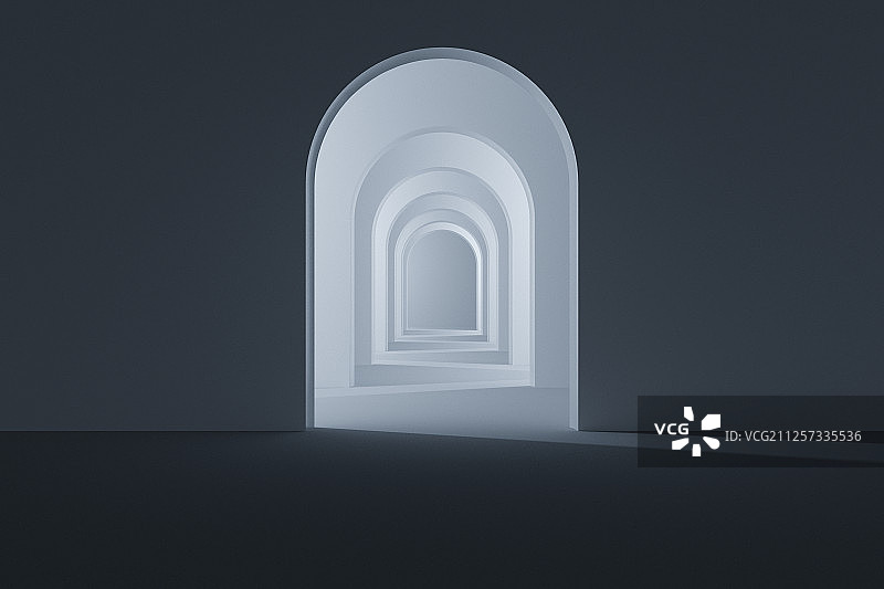 黑暗房间内的隧道门 三维渲染图片素材