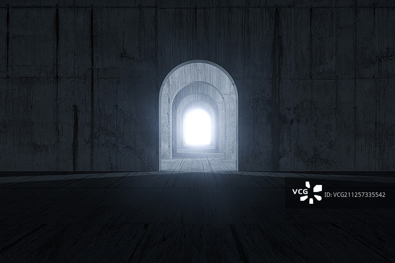 黑暗房间内的隧道门 三维渲染图片素材