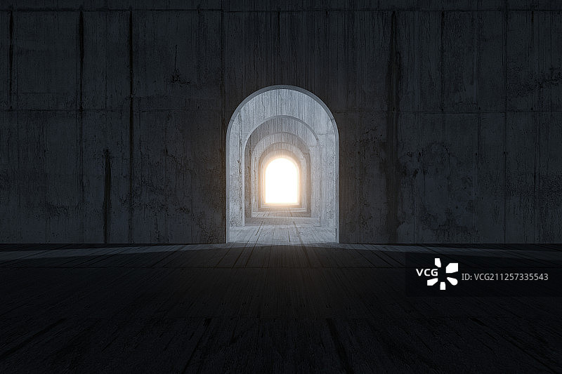 黑暗房间内的隧道门 三维渲染图片素材