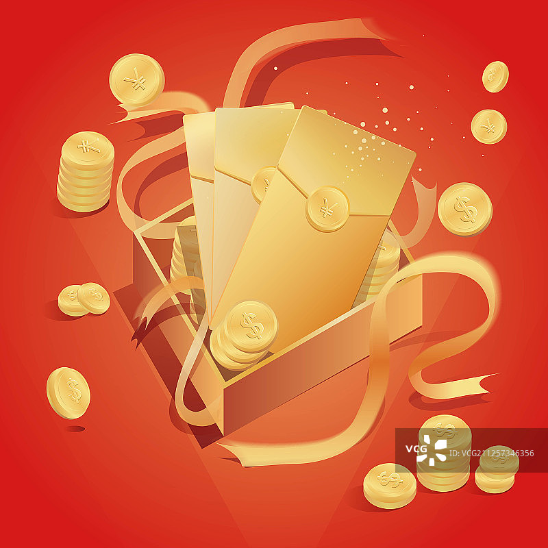 金色红包和金币在盒子里 理财金币红包矢量素材图片素材