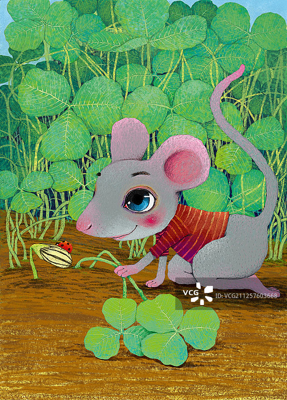 鼠年插画-三叶草旁趴在地上观察瓜子的老鼠图片素材