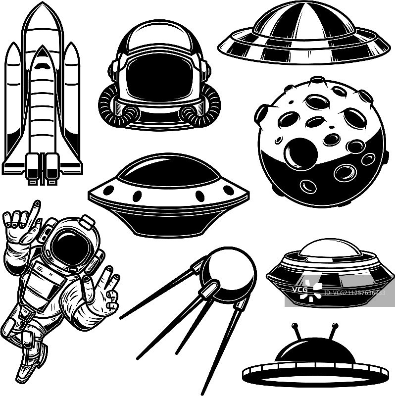太空设计元素：宇航员、航天飞机、不明飞行物图片素材