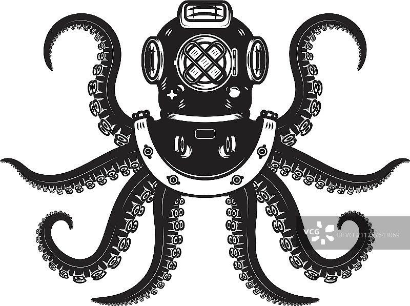 章鱼触须和复古潜水头盔图片素材