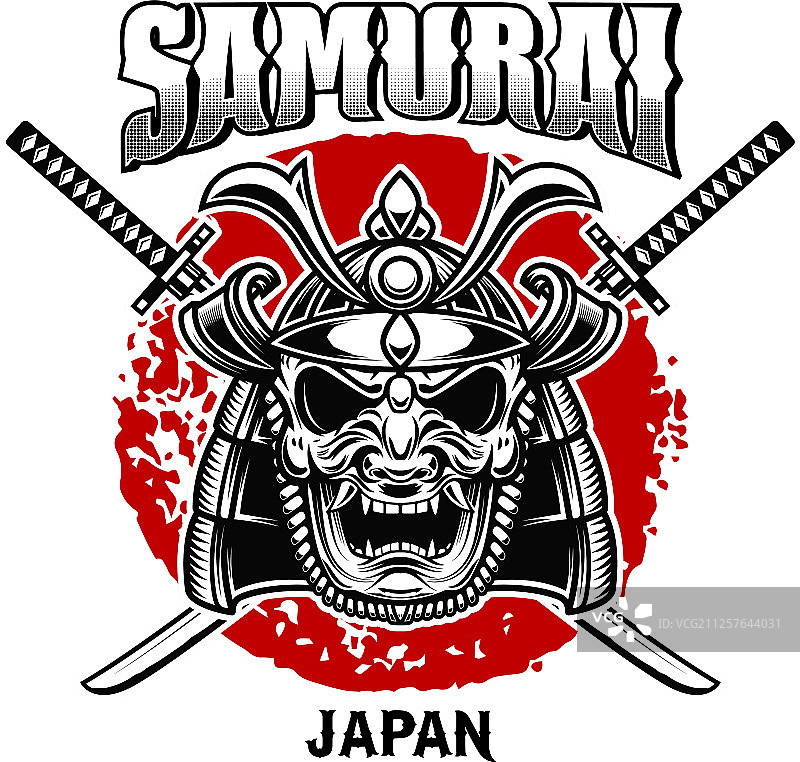 带武士头盔和交叉武器的徽章模板图片素材