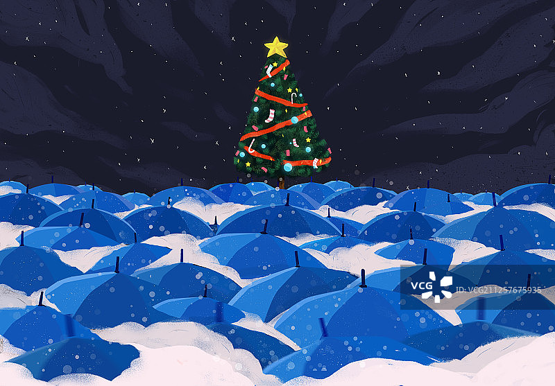 蓝色雨伞里的圣诞树图片素材