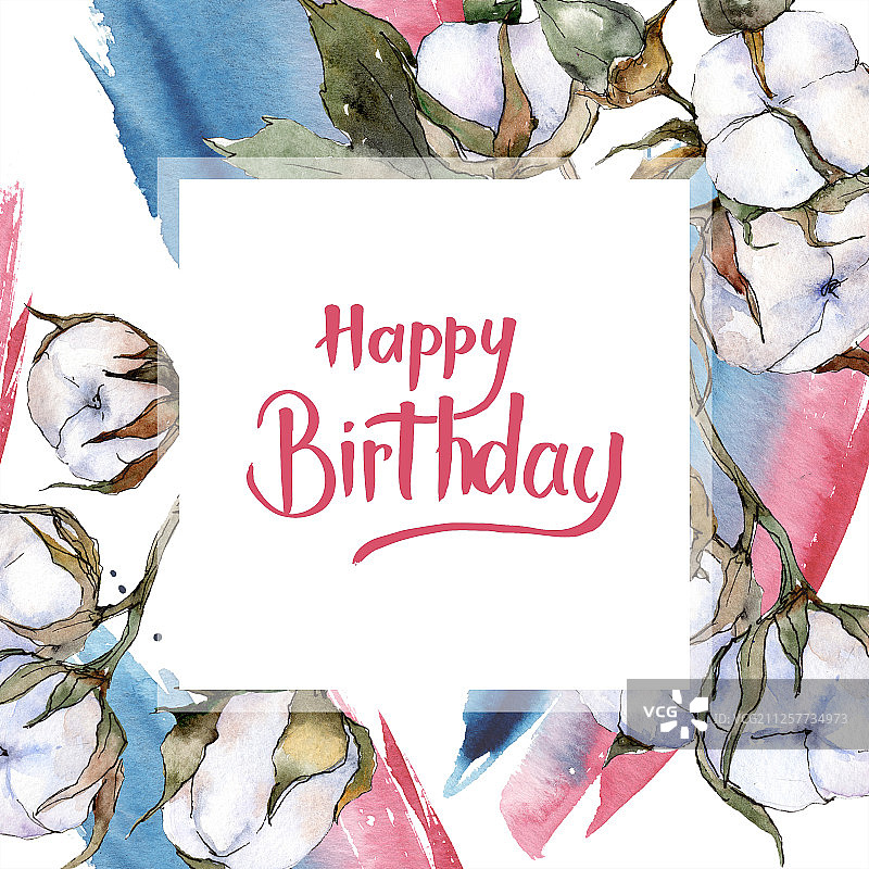 白色棉质花卉植物水彩背景边框方形装饰图片素材