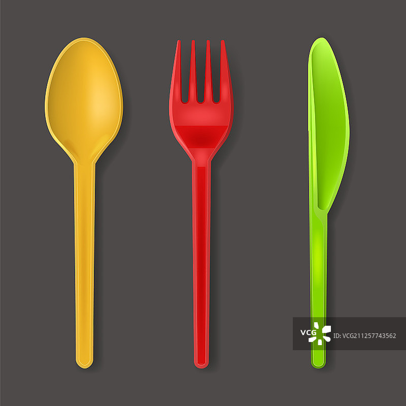 逼真细致的3D彩色塑料餐具套装图片素材