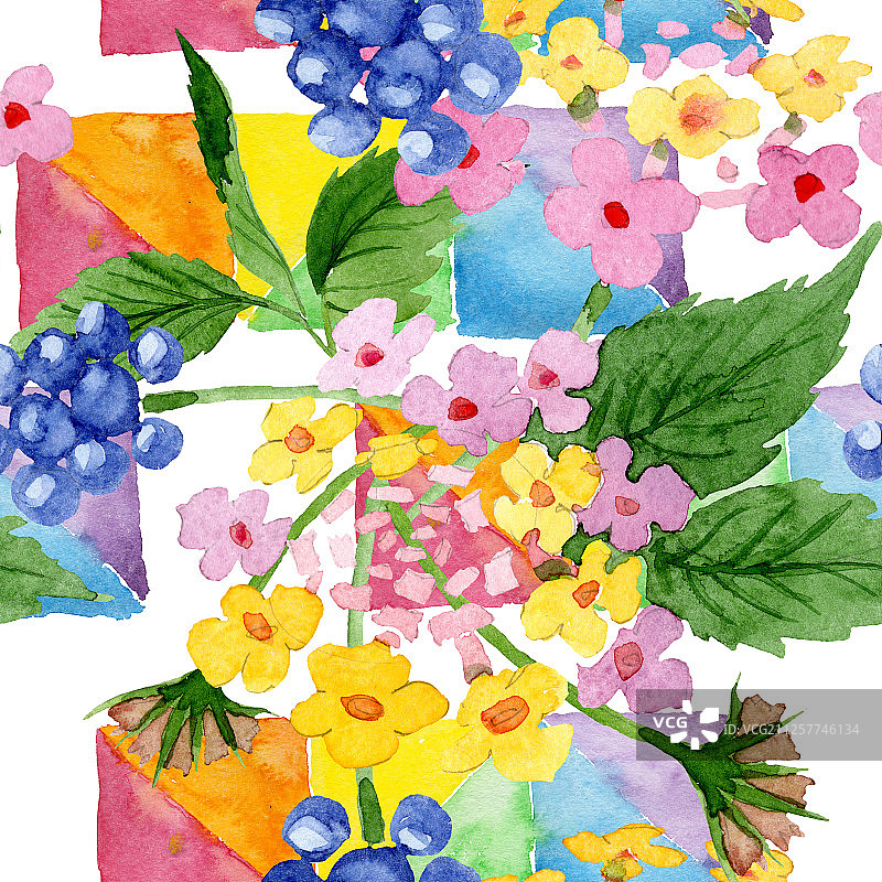 粉色马缨丹花卉水彩背景图案。无缝背景图案。图片素材