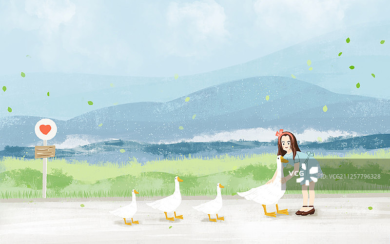 可爱的少女抱着鹅 乡村气息手绘插画图片素材