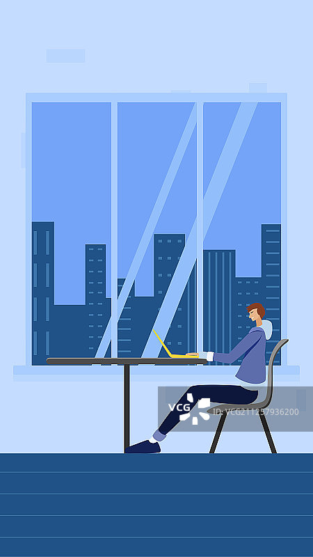 深夜坐在飘窗前的办公桌边 使用电脑办公聊天的加班的白领矢量海图片素材