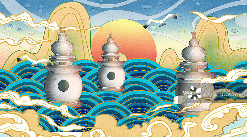 国潮风杭州西湖三潭印月插画图片素材
