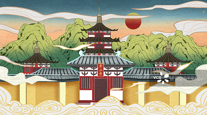 国潮风苏州姑苏寒山寺插画图片素材
