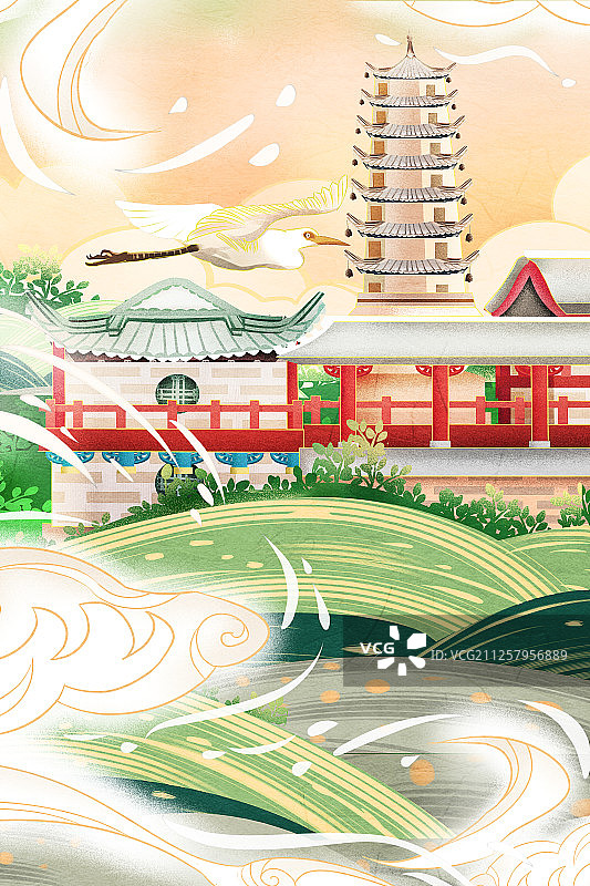 国潮风甘肃省兰州白塔山插画图片素材