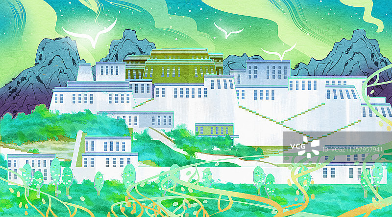 国潮风西藏拉萨布达拉宫插画图片素材