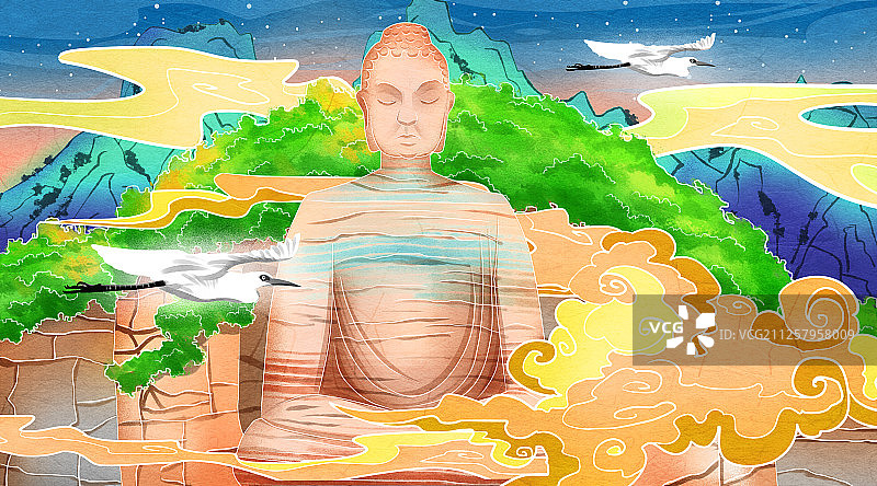 国潮风山西省太原市西山蒙山大佛插画图片素材
