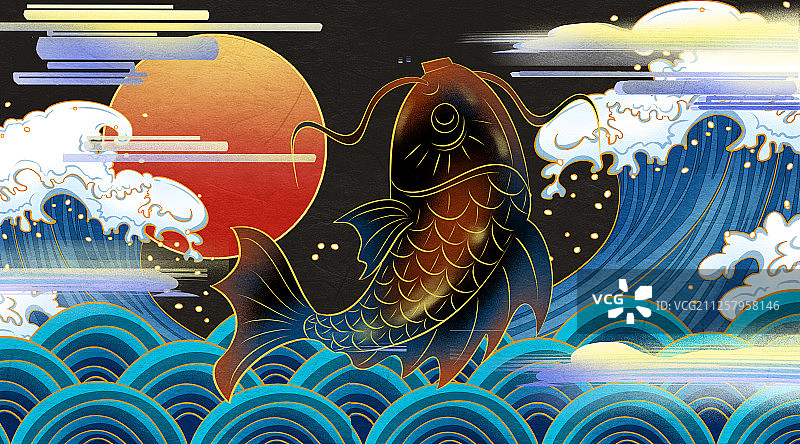 国潮风鲤鱼在水面上跃起插画图片素材