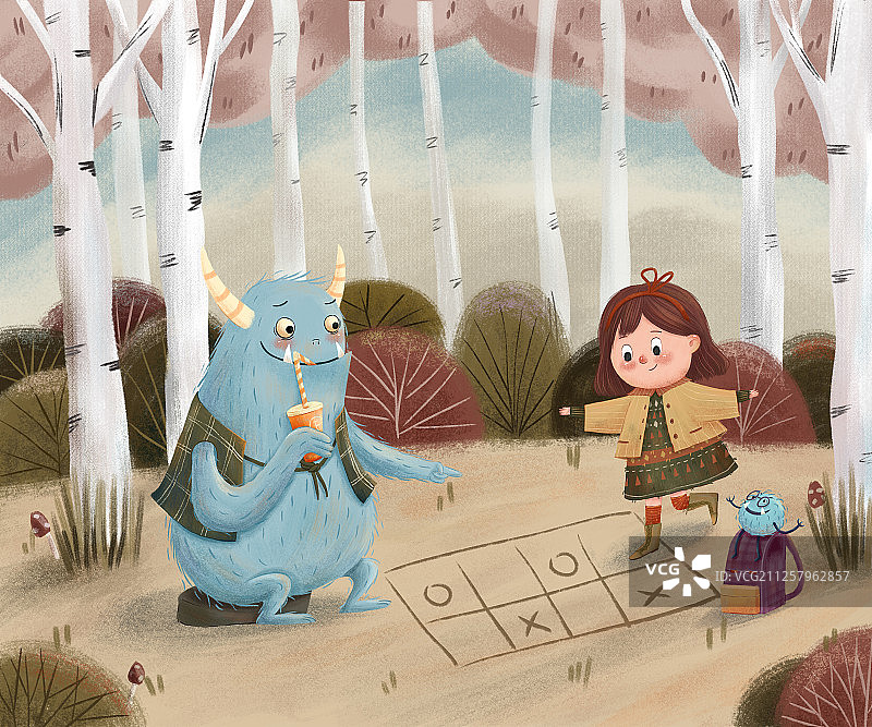 儿童绘本插画森林可爱小怪兽和小女孩玩游戏场景图片素材